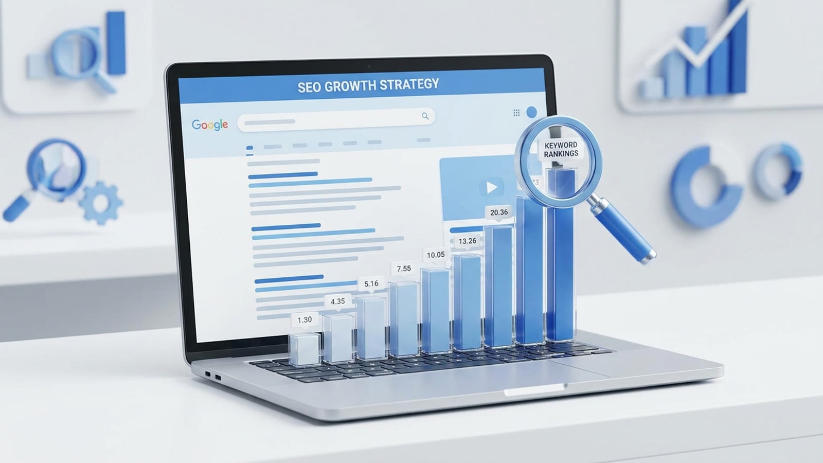 SEO growth chart climbing on a laptop screen