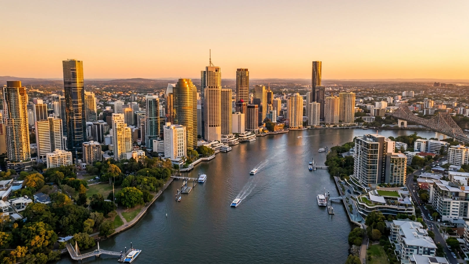 Aerial view of the Brisbane city skyline and river