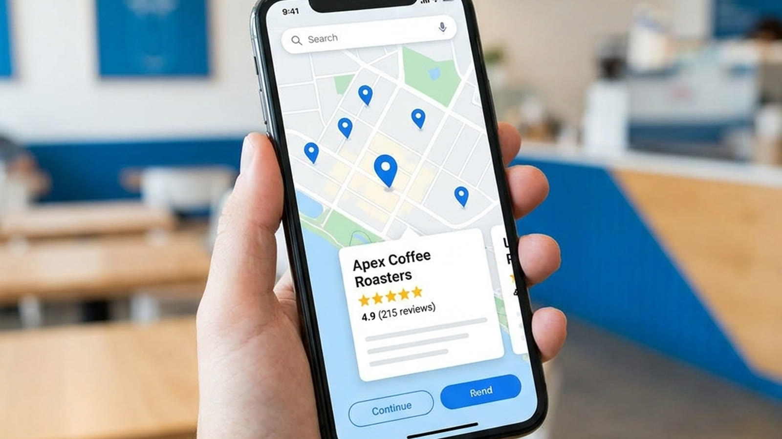 Local business listing with reviews on a phone map